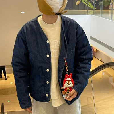 Collarless Denim Cotton-padded Coat Loose