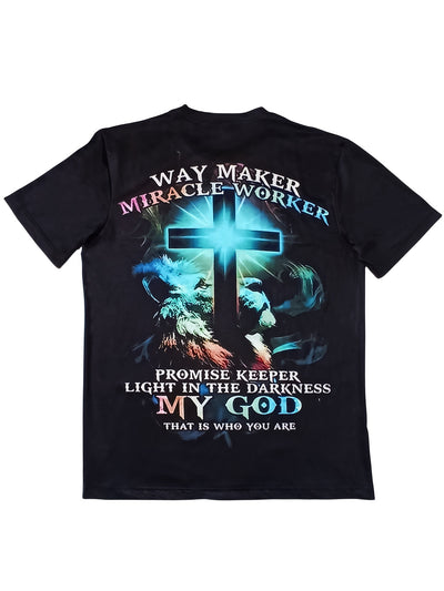 Way Maker Miracle Worker Pattern, Men's Fashionable 3D Digital Graphic T-shirt, Slightly Elastic And Breathable Retro T-shirt For Summer