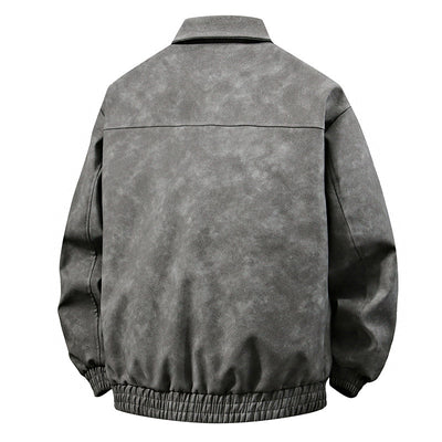 3D Stereo American Retro Hip Hop PU Leather Polo Collar Jacket