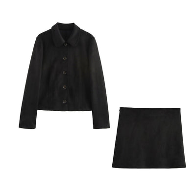 Suede Texture Effect Long Sleeve Short Jacket Jacket Casual Mid-length Dress Set
