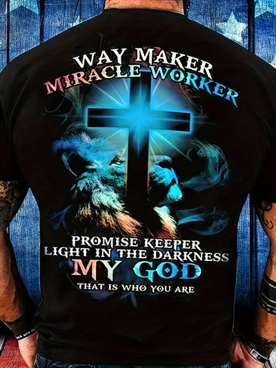 Way Maker Miracle Worker Pattern, Men's Fashionable 3D Digital Graphic T-shirt, Slightly Elastic And Breathable Retro T-shirt For Summer
