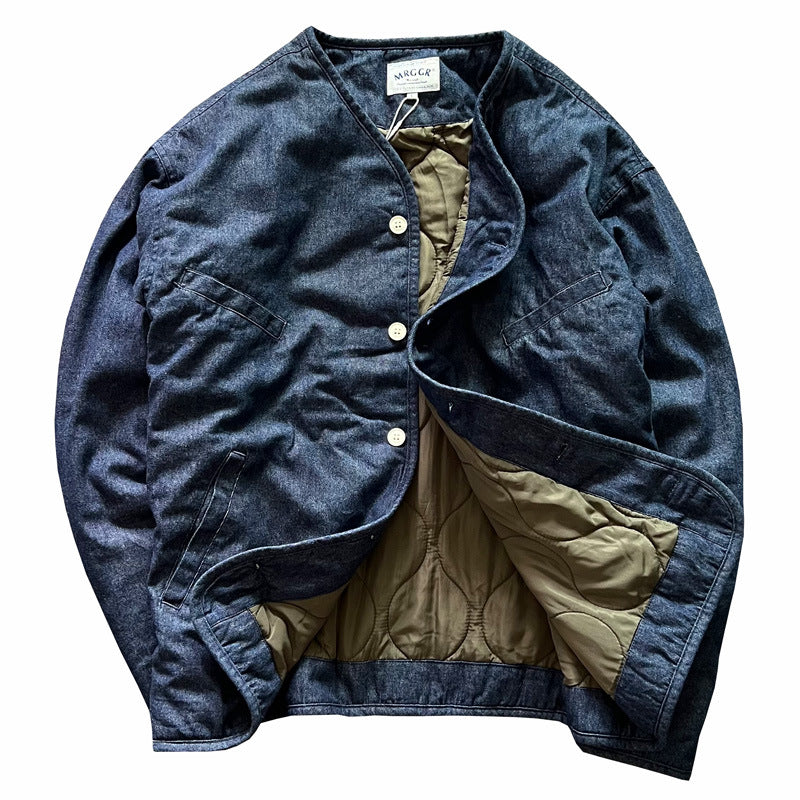 Collarless Denim Cotton-padded Coat Loose