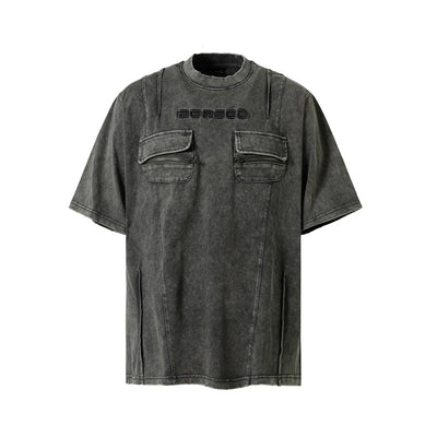High Street Retro Workwear Zipper Pocket Decoration Washed Distressed Short Sleeve