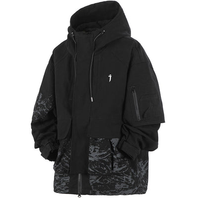 Large Pocket Inkjet Printing Hooded Jacket Men's Coat